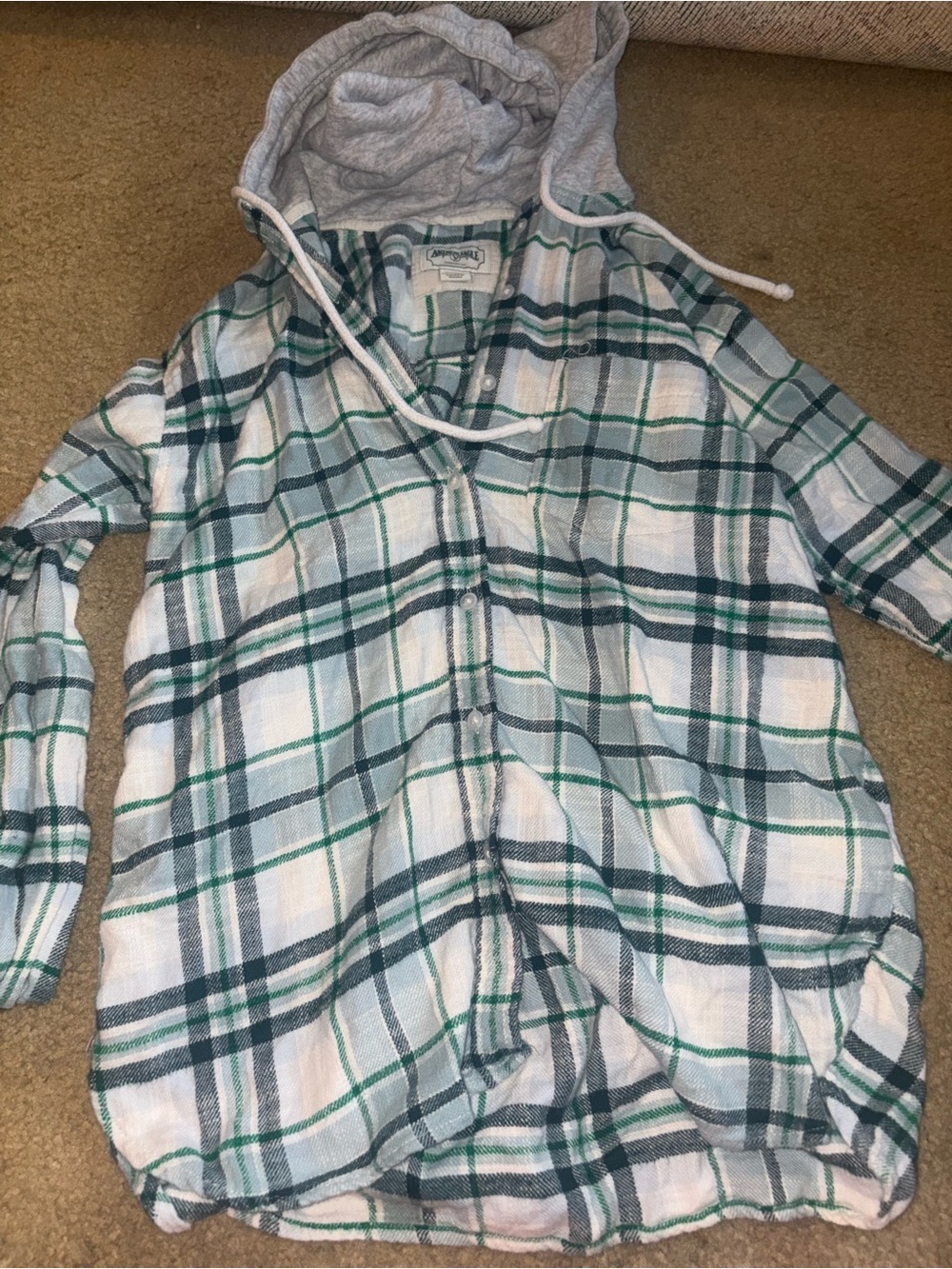 American Eagle Plaid Hooded Flannel Shirt Green Blue Button Front Relaxed  XS